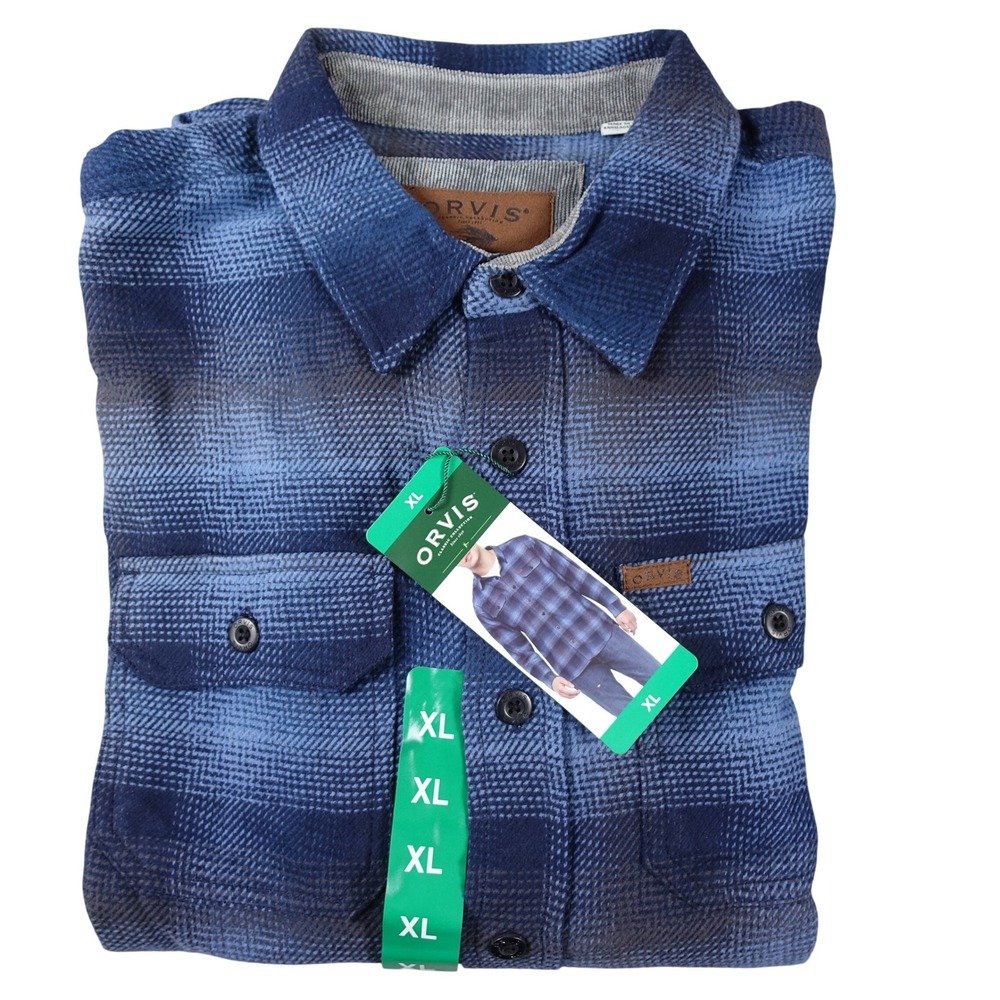 Orvis Mens Blue Ombre Plaid Heavyweight Cotton Flannel Shirt XL New 1312517
